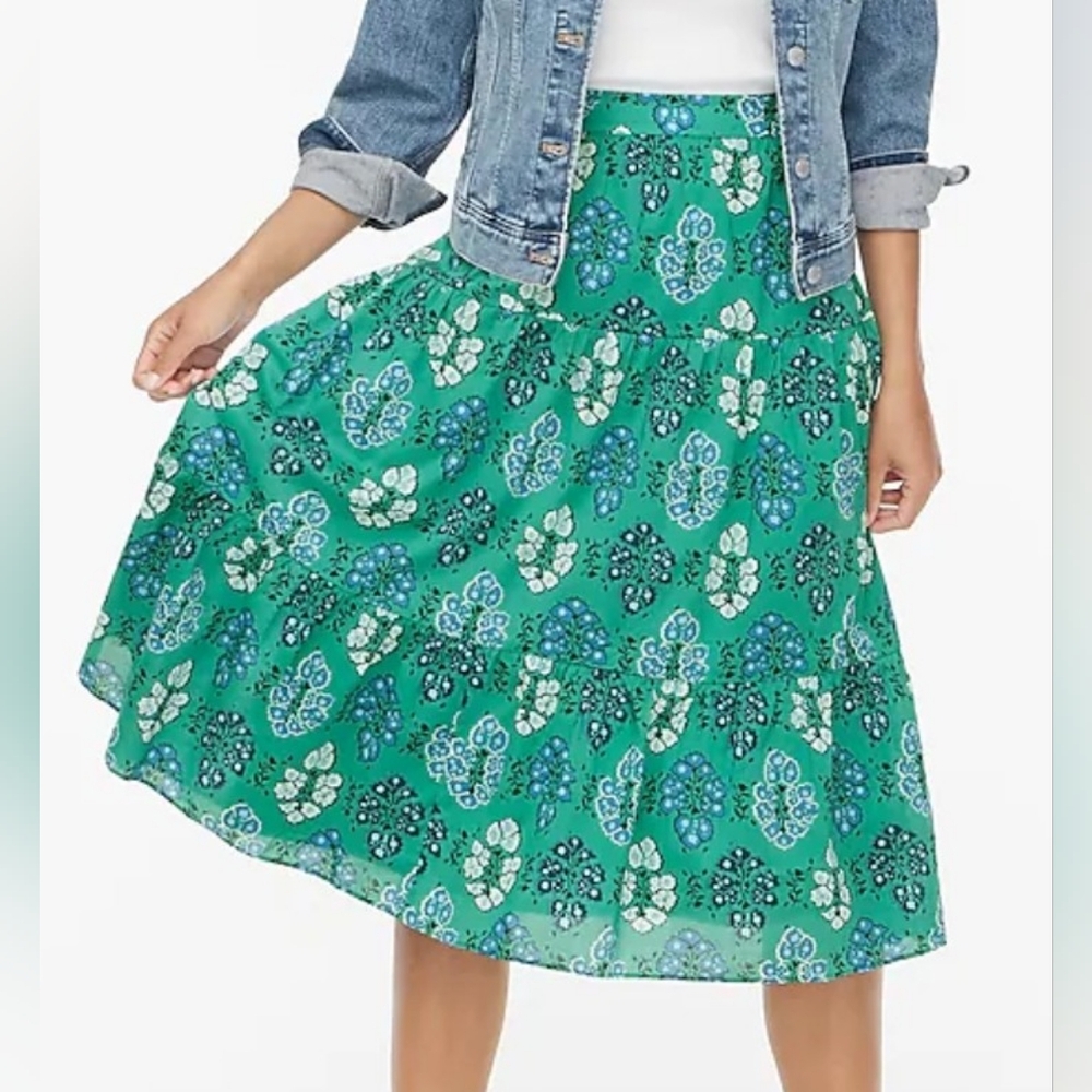 J CREW FACTORY Green Printed Tiered Midi Skirt